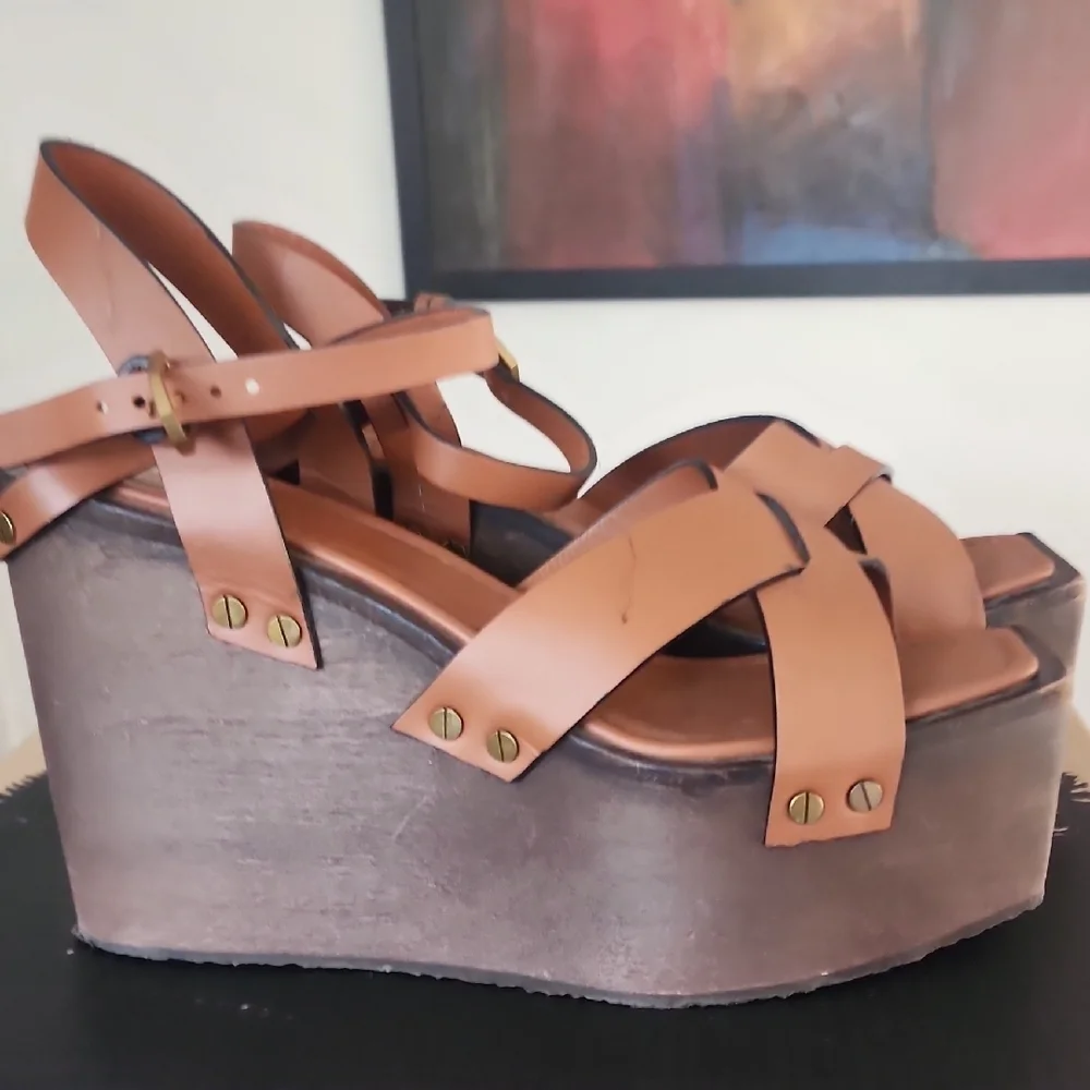 FRAME Denim Brown Leather Platform Sandals | 70s Boho Wedge | Size 40.5